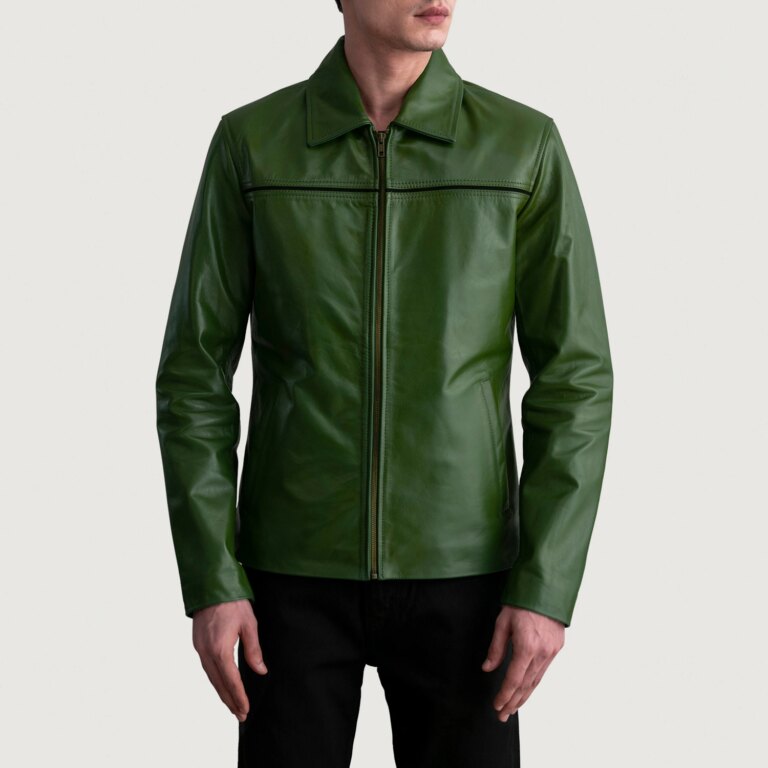 Mens Mystical Green Leather Jacket Close Front-5-1724140209167